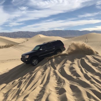 Black SUV conquering a sandy dune landscape, leaving a dynamic trail in the serene desert environment