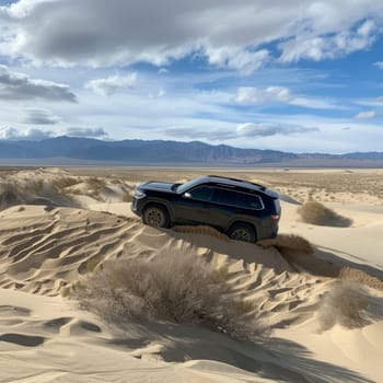 Black SUV conquering a sandy dune landscape, leaving a dynamic trail in the serene desert environment