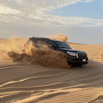 Robust SUV navigating through desert terrain, kicking up clouds of sand in its trail against a vivid blue sky