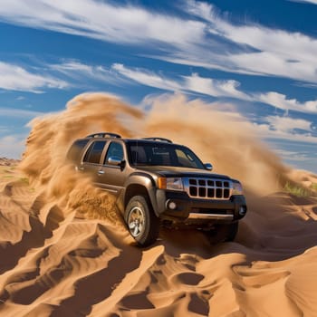 Robust SUV navigating through desert terrain, kicking up clouds of sand in its trail against a vivid blue sky