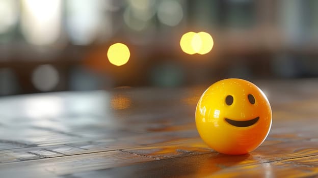 3D yellow smiley face joy on top of a table, with copy space to of background blurred.