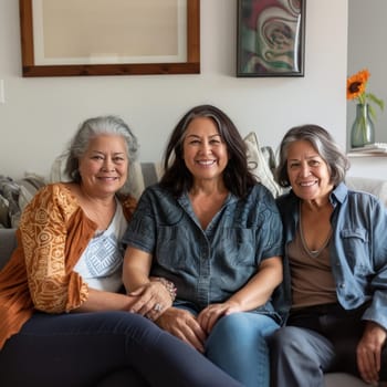 Portrait of three middle-aged women embracing and smiling, depicting warmth and familial bonds in a home setting