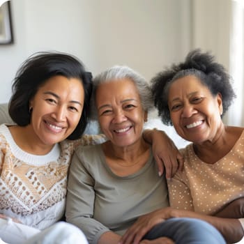 Image of three women from different generations sharing a moment of joy and affection in a bright, cozy interior