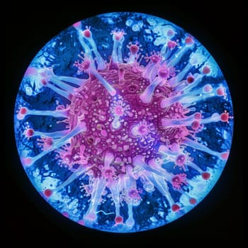 Detailed illustration of a virus particle with spike proteins and surface details highlighted in vibrant pink and blue hues against a dark background