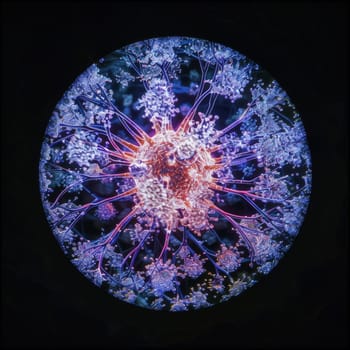 Colorful conceptual visualization of a virus particle in cosmic colors, surrounded by a halo of spikes in a circular frame