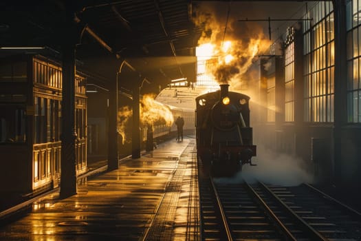 A train is sitting on the tracks at a train station. The train is surrounded by a lot of smoke and steam. The train is the only thing visible in the image