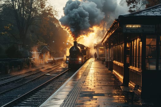 A train is sitting on the tracks at a train station. The train is surrounded by a lot of smoke and steam. The train is the only thing visible in the image