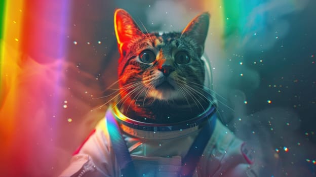 A cat in space suit with rainbow, Abstract wallpaper of a cat in space with rainbow, Colorful art of animal.