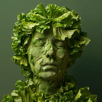 A sculpture of a womans head made entirely out of lettuce, blending art and nature to create a unique and captivating organisminspired statue