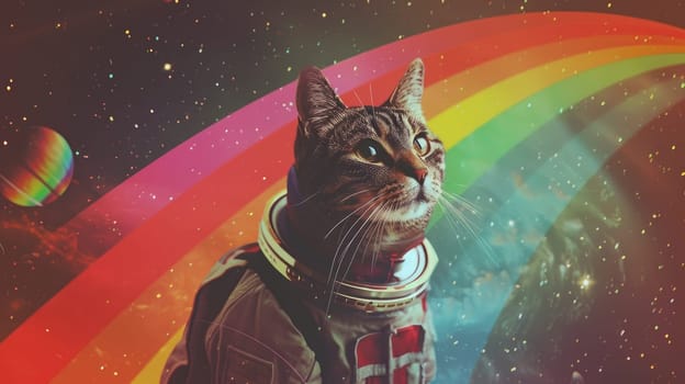 A cat in space suit with rainbow, Abstract wallpaper of a cat in space with rainbow, Colorful art of animal.