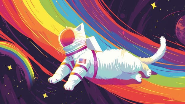 A cat in space suit with rainbow, Abstract wallpaper of a cat in space with rainbow, Colorful art of animal.