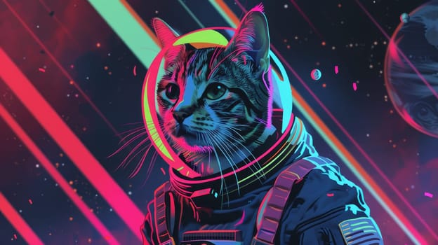 A cat in space suit with rainbow, Abstract wallpaper of a cat in space with rainbow, Colorful art of animal.