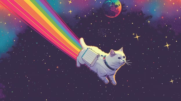 A cat in space suit with rainbow, Abstract wallpaper of a cat in space with rainbow, Colorful art of animal.