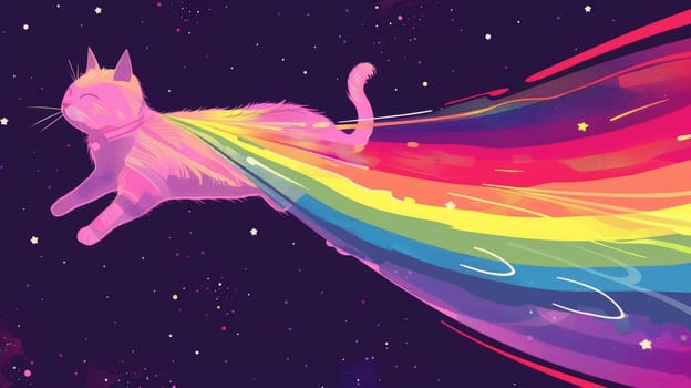 A cat with rainbow, Abstract wallpaper of a cat in space with rainbow, Colorful art of animal.