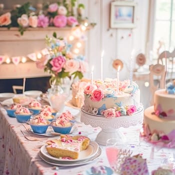 Birthday tablescape or candy bar with sweets, Birthday cake and cupcakes, beautiful party and celebration