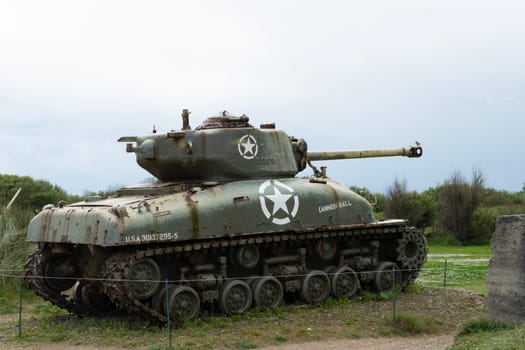 Normandy Sherman tank France D-Day memorial for WWII. Utah Beach. High quality photo