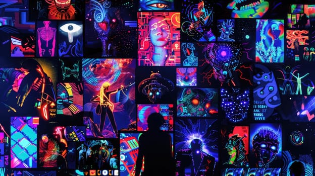 A glowing collage of various iconic ai generated artwork on a black background.