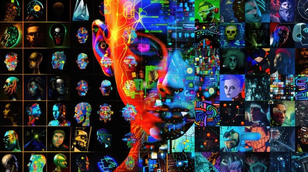 A glowing collage of various iconic ai generated artwork on a black background.