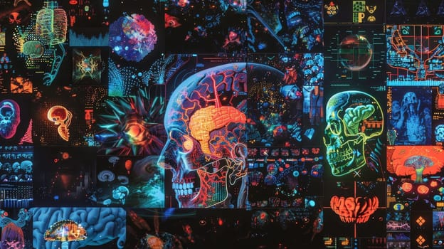 A glowing collage of various iconic ai generated artwork on a black background.