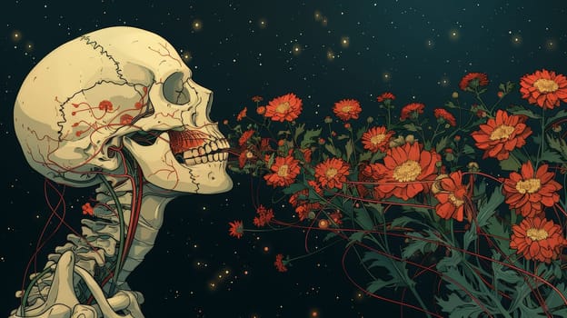 A skeleton with flowers, his head is covered with colorful wildflowers.