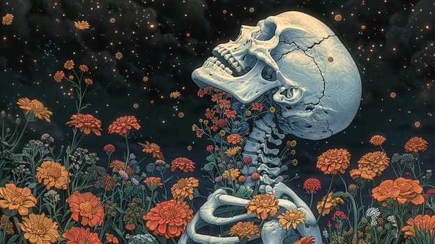 A skeleton with flowers, his head is covered with colorful wildflowers.