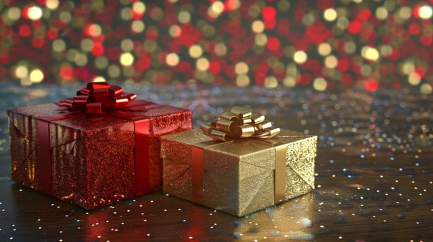 Two gold gift boxes on a table, Perfect for holiday and celebration concepts.