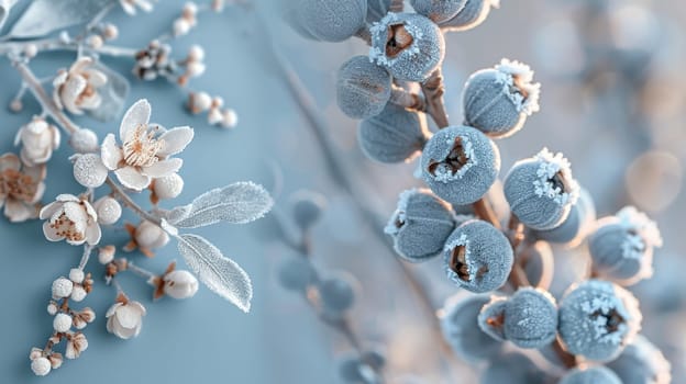 A frosty outdoor scene. Snowy winter background. Winter plants in the snow on a cold background.