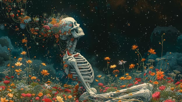 A skeleton with flowers, his head is covered with colorful wildflowers.