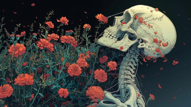 A skeleton with flowers, his head is covered with colorful wildflowers.