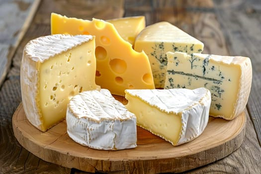 Assortment of various artisan cheeses on a wooden board. Shelves with ready-made cheeses in the background. Small business, home cheese factory.