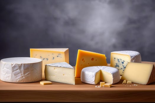 Assortment of various artisan cheeses on a wooden board. Shelves with ready-made cheeses in the background. Small business, home cheese factory.