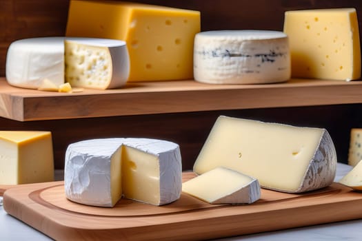 Assortment of various artisan cheeses on a wooden board. Shelves with ready-made cheeses in the background. Small business, home cheese factory.