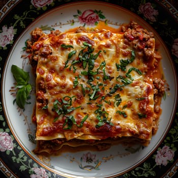 A delicious plate of lasagna with rich tomato sauce and melted cheese, a classic Italian dish made with layers of pasta, cheese, and savory sauce. Perfect for a comforting homemade meal