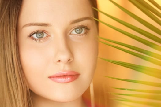 Summer beauty, makeup and skincare, face portrait of beautiful woman with tropical palm tree leaf, natural makeup for cosmetics and fashion look idea