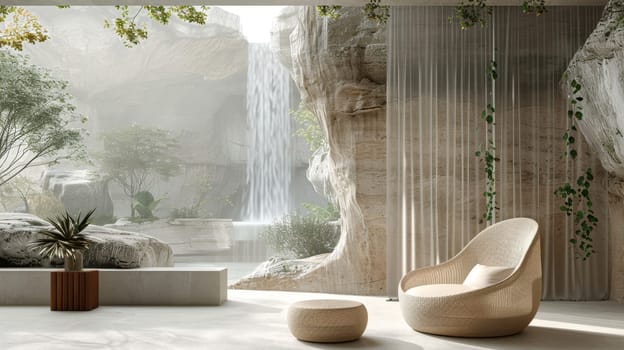 A modern interior in a house in nature. Environmental design.