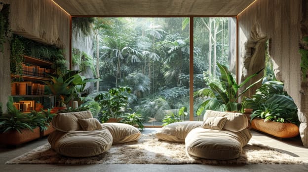 A modern interior in a house in nature. Environmental design.