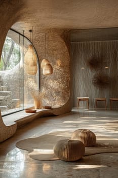 A modern interior in a house in nature. Environmental design.