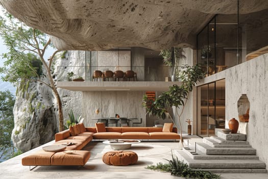 A modern interior in a house in nature. Environmental design.