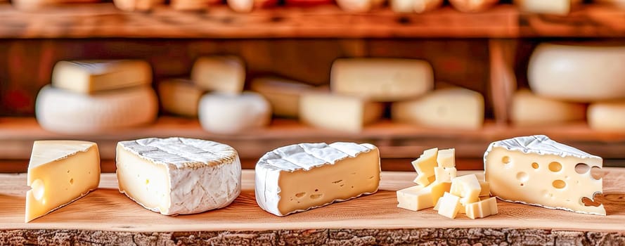 Assortment of various artisan cheeses on a wooden board. Shelves with ready-made cheeses in the background. Small business, home cheese factory. Banner.