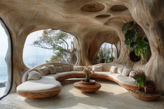 A modern interior in a house in nature. Environmental design.