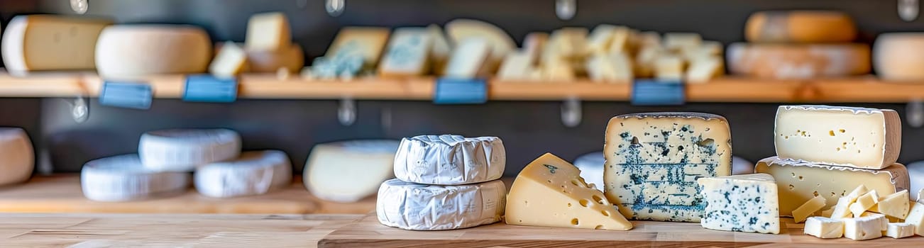 Assortment of various artisan cheeses on a wooden board. Shelves with ready-made cheeses in the background. Small business, home cheese factory. Banner.