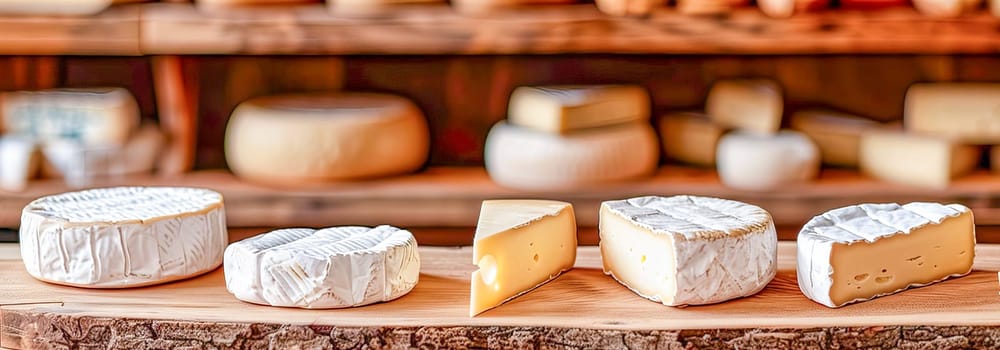 Assortment of various artisan cheeses on a wooden board. Shelves with ready-made cheeses in the background. Small business, home cheese factory. Banner.