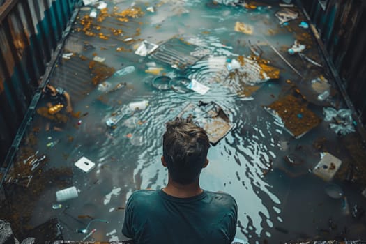 A man on the background of polluted water. Plastic debris in the water.
