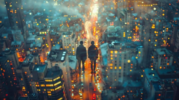Two silhouettes of men against the background of the evening city lights.