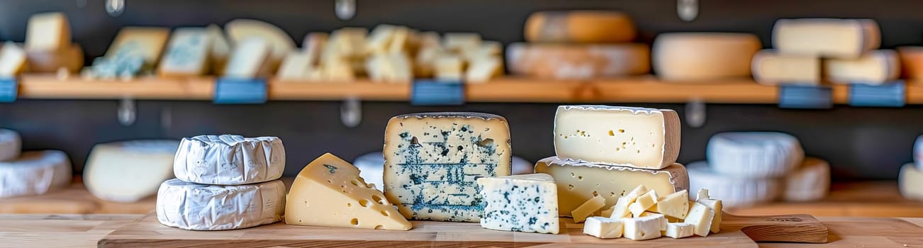 Assortment of various artisan cheeses on a wooden board. Shelves with ready-made cheeses in the background. Small business, home cheese factory. Banner.