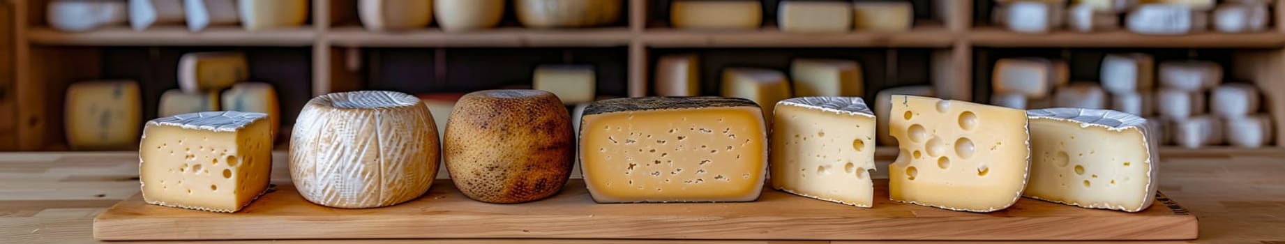 Assortment of various artisan cheeses on a wooden board. Shelves with ready-made cheeses in the background. Small business, home cheese factory. Banner.