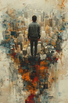 A man with his back against the background of an abstract city. Illustration.