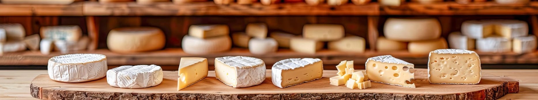 Assortment of various artisan cheeses on a wooden board. Shelves with ready-made cheeses in the background. Small business, home cheese factory. Banner.