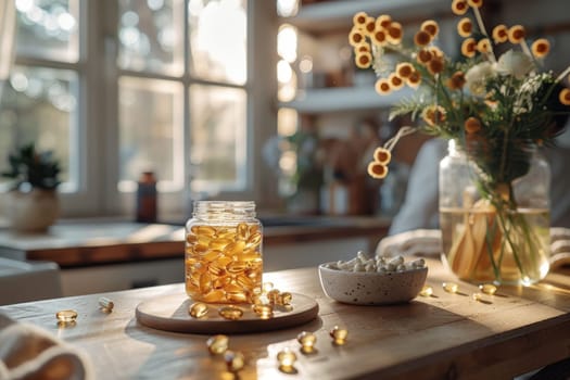 A man is sitting at a table in a home interior. Next to the man there are different vitamins in jars on the table.