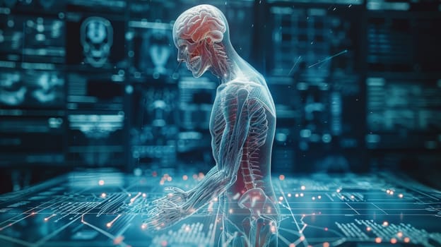 The skeletal structure of the Human body stands in front of a digital display, examining the contents on the screen